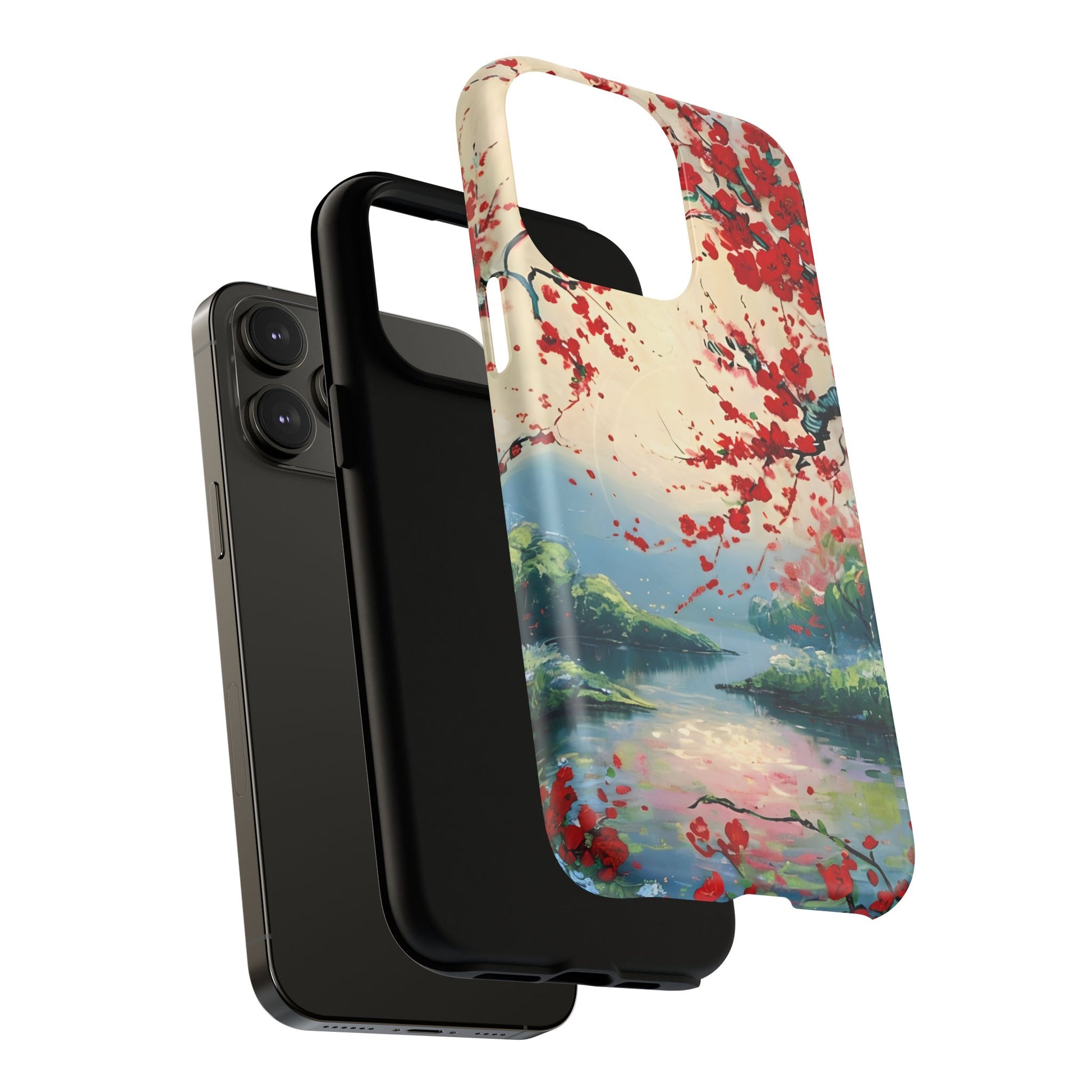 Crimson Blossom Lake - Artistic Floral Landscape iPhone 14 Pro Max MagSafe Phone Case - Red Cherry Blossoms & Serene Lake Design