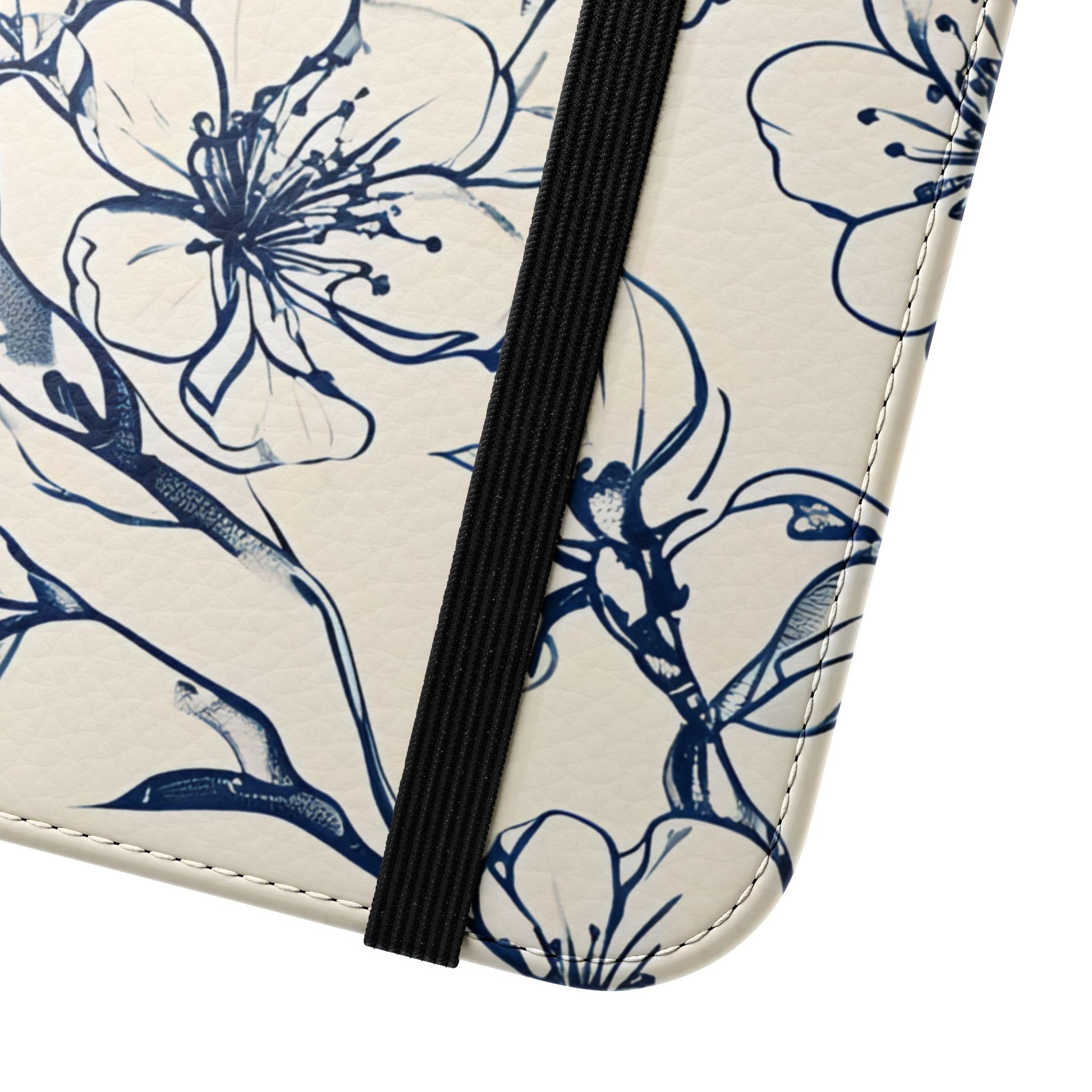 Close view of Blossom Sketch floral iPhone wallet flip phone case with elastic closure