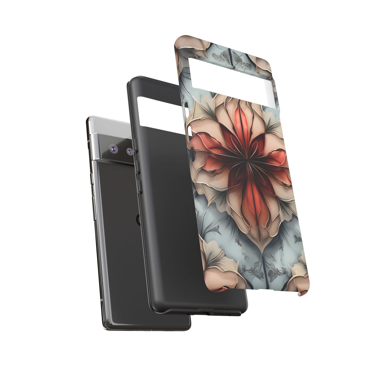 Ember Bloom - Kaleidoscope Collection Artistic Floral - Google Pixel Tough Phone Case - Fiery Symmetrical Design