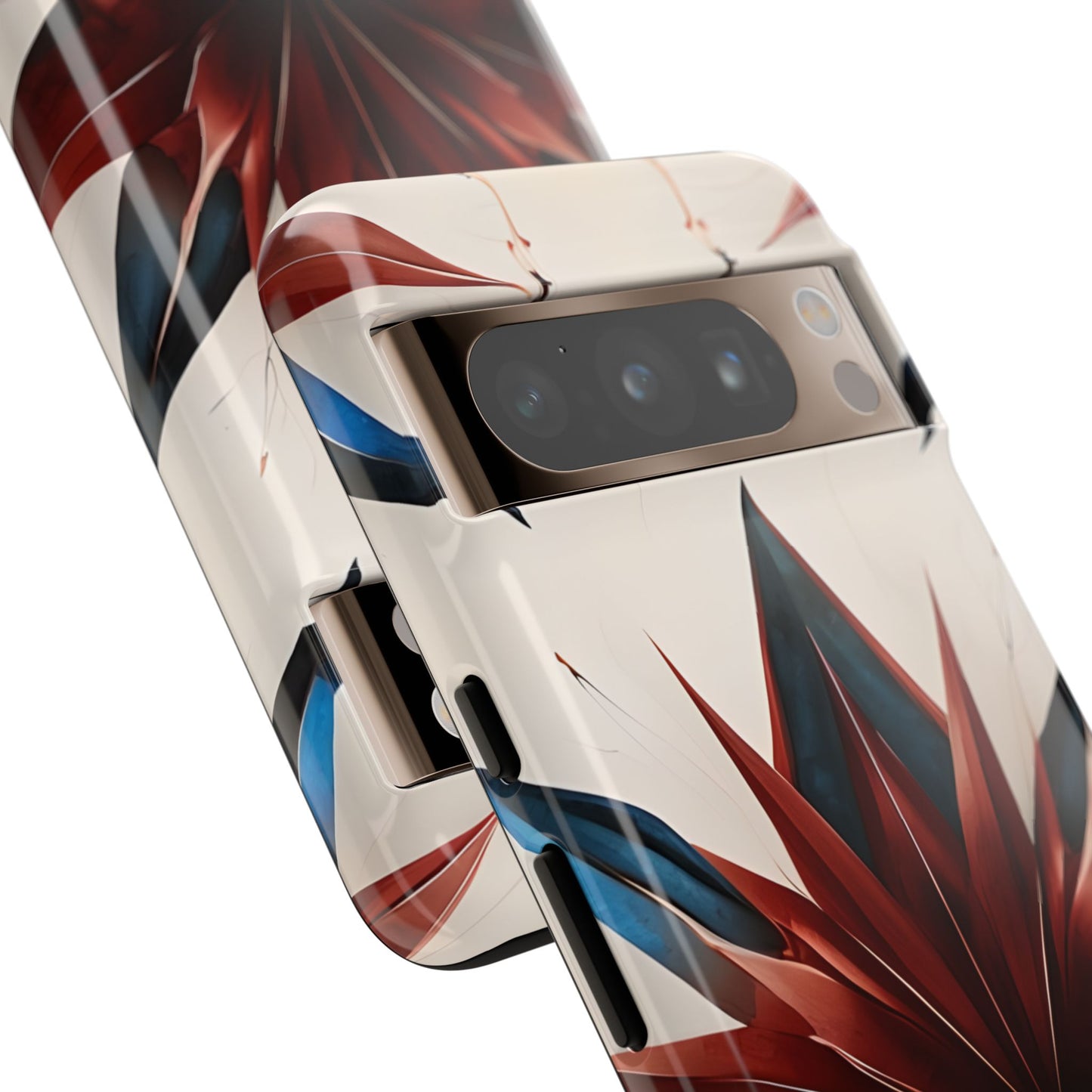 Garnet Starburst bold red, white and blue geometric starburst artwork Google Pixel phone case angled view