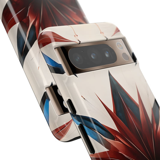 Garnet Starburst bold red, white and blue geometric starburst artwork Google Pixel phone case angled view
