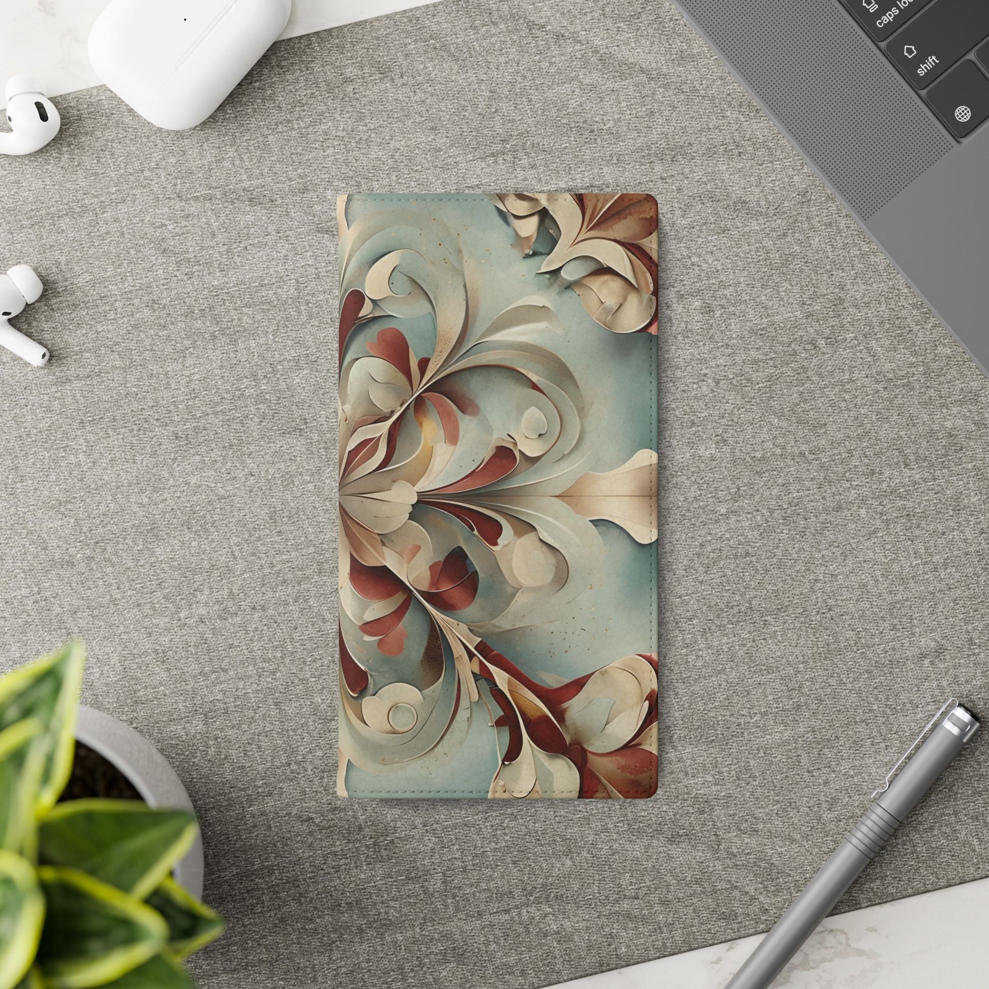 Vintage Baroque Blossom Samsung Galaxy wallet flip phone case on a desk beside stationery featuring ornate baroque floral design and folio card holder