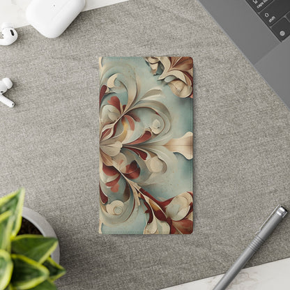 Vintage Baroque Blossom Samsung Galaxy wallet flip phone case on a desk beside stationery featuring ornate baroque floral design and folio card holder