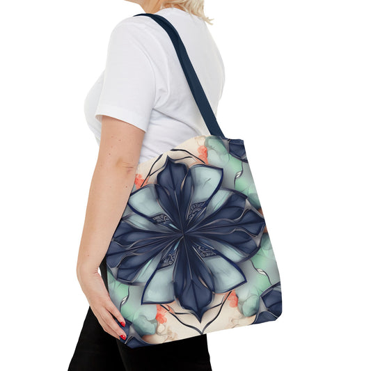 Midnight Mosaic canvas tote bag worn over shoulder showing intricate blue mosaic flower design