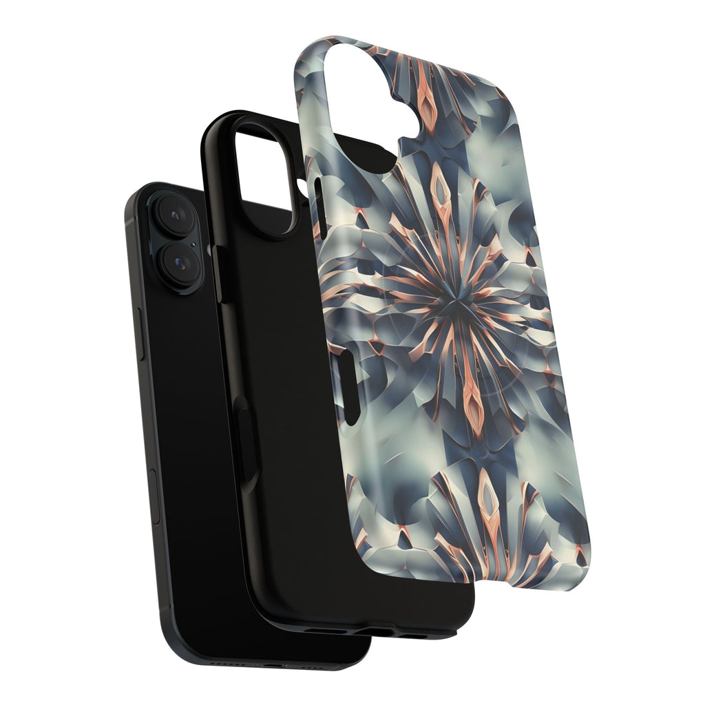 Obsidian Kaleidoscope Artistic Floral Burst - iPhone 16 Plus MagSafe Phone Case -Blue, Peach and Silver Symmetrical Design