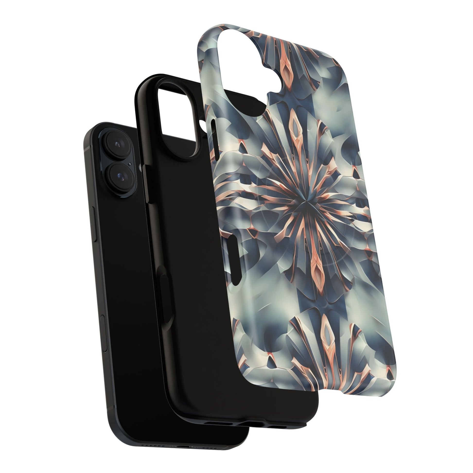 Obsidian Kaleidoscope Artistic Floral Burst - iPhone 16 Plus MagSafe Phone Case -Blue, Peach and Silver Symmetrical Design