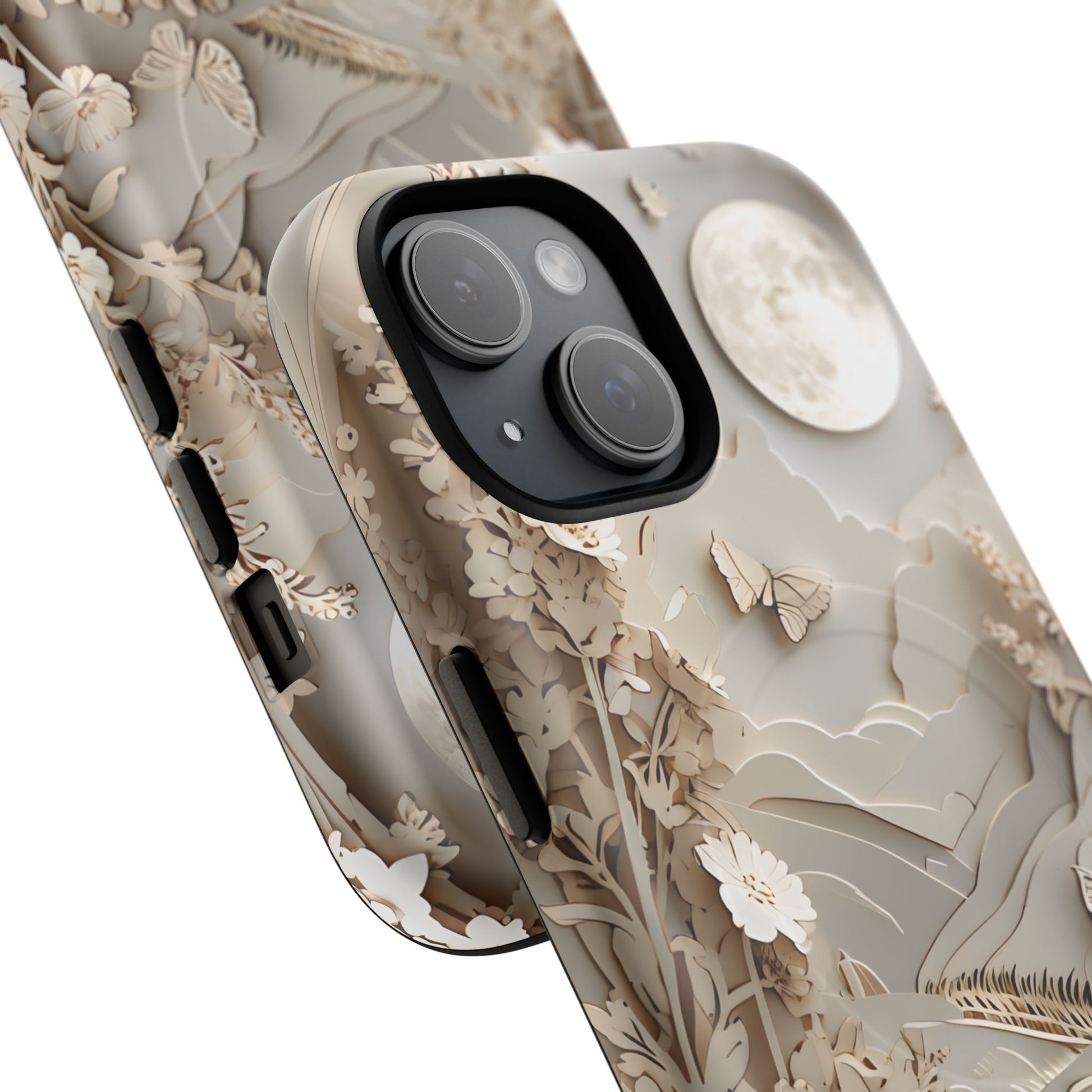 Moonlit Garden - Elegant Neutral Floral iPhone 15 MagSafe Phone Case - Painterly Botanical & Moon Design