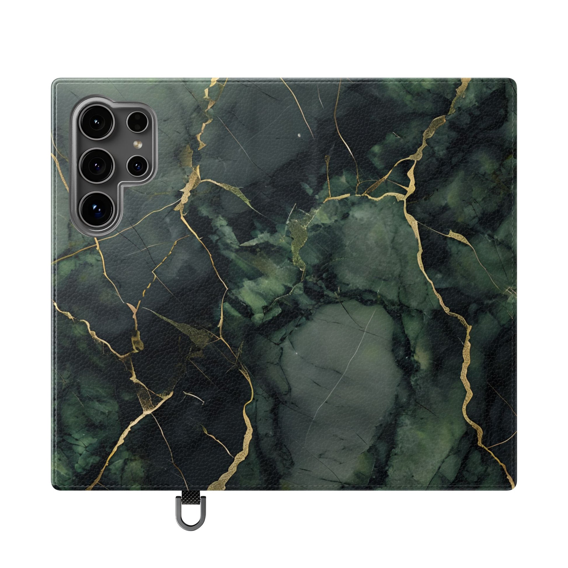Verdant Vein - Flip Phone Case for Samsung Galaxy S24 Ultra - Green and Gold Marble Design