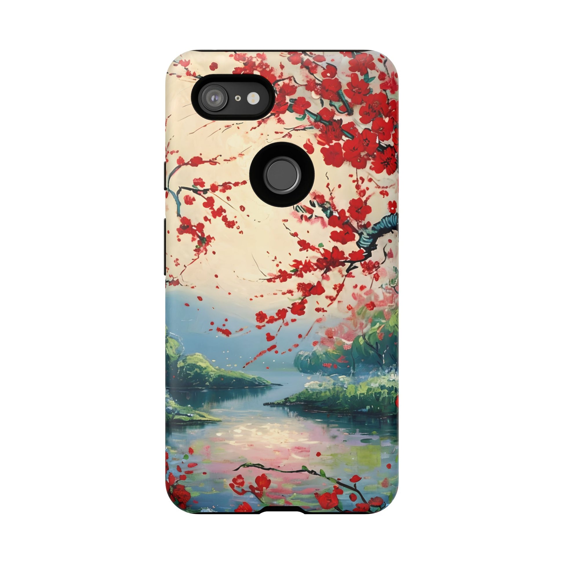 Crimson Blossom Lake - Artistic Floral Landscape Google Pixel 3XL Tough Phone Case - Red Cherry Blossoms & Serene Lake Design