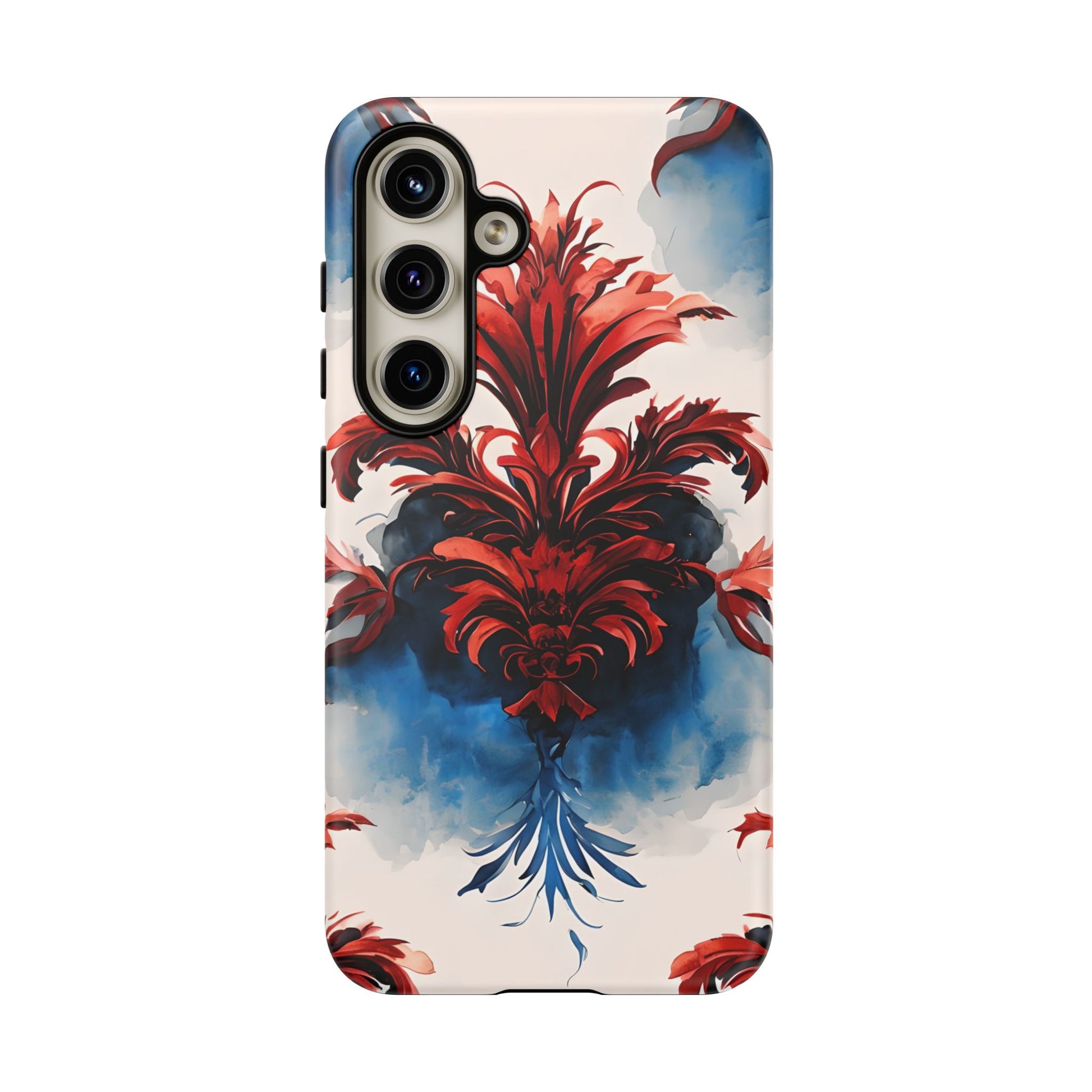 Crimson Plume - Bold Artistic Feather Samsung Galaxy S24 Tough Phone Case - Dramatic Red & Blue Design