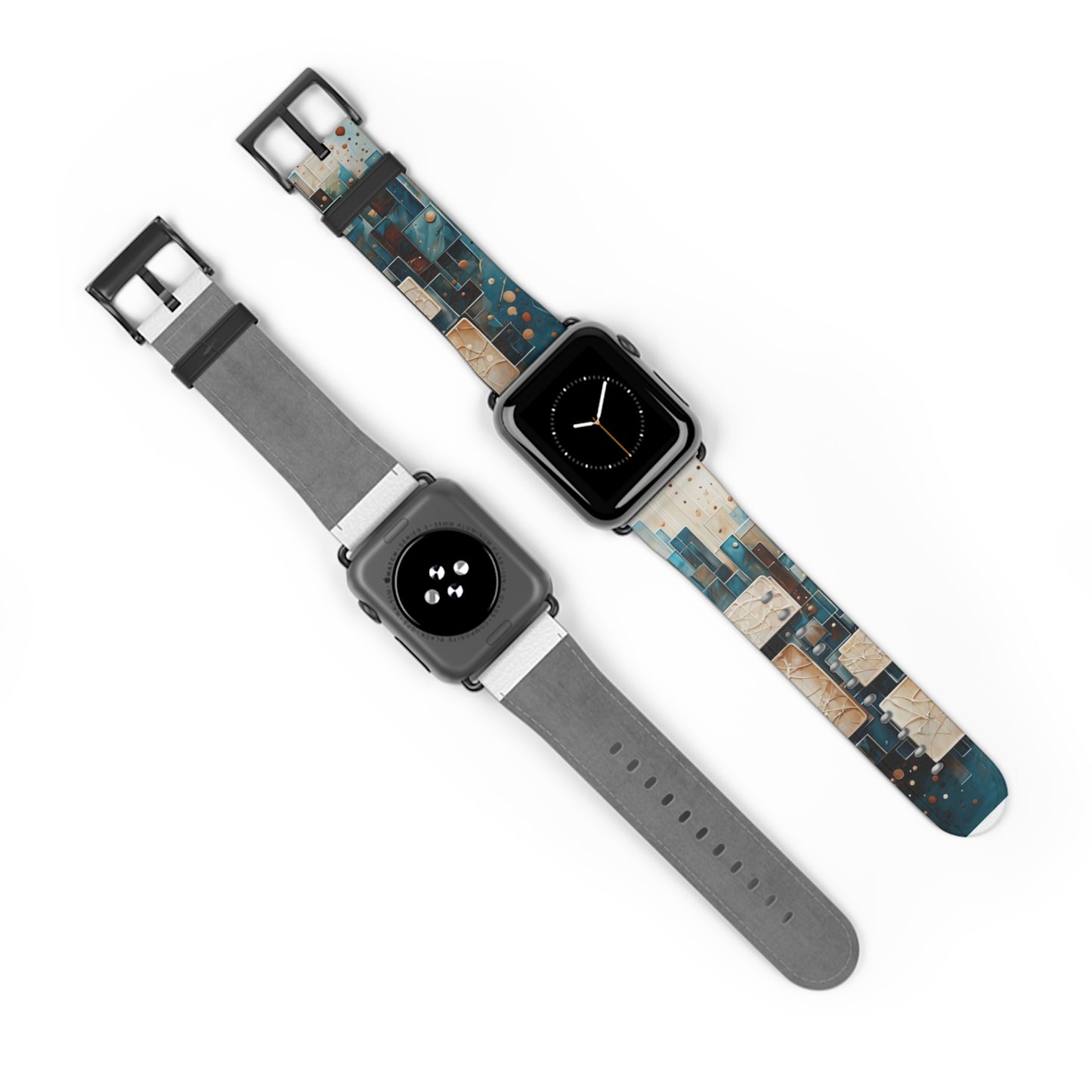 Two Apple Watches displaying Architectural Drift Apple Watch band showing front with watch face and back of band, both with black clasp