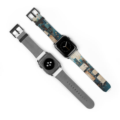 Two Apple Watches displaying Architectural Drift Apple Watch band showing front with watch face and back of band, both with black clasp