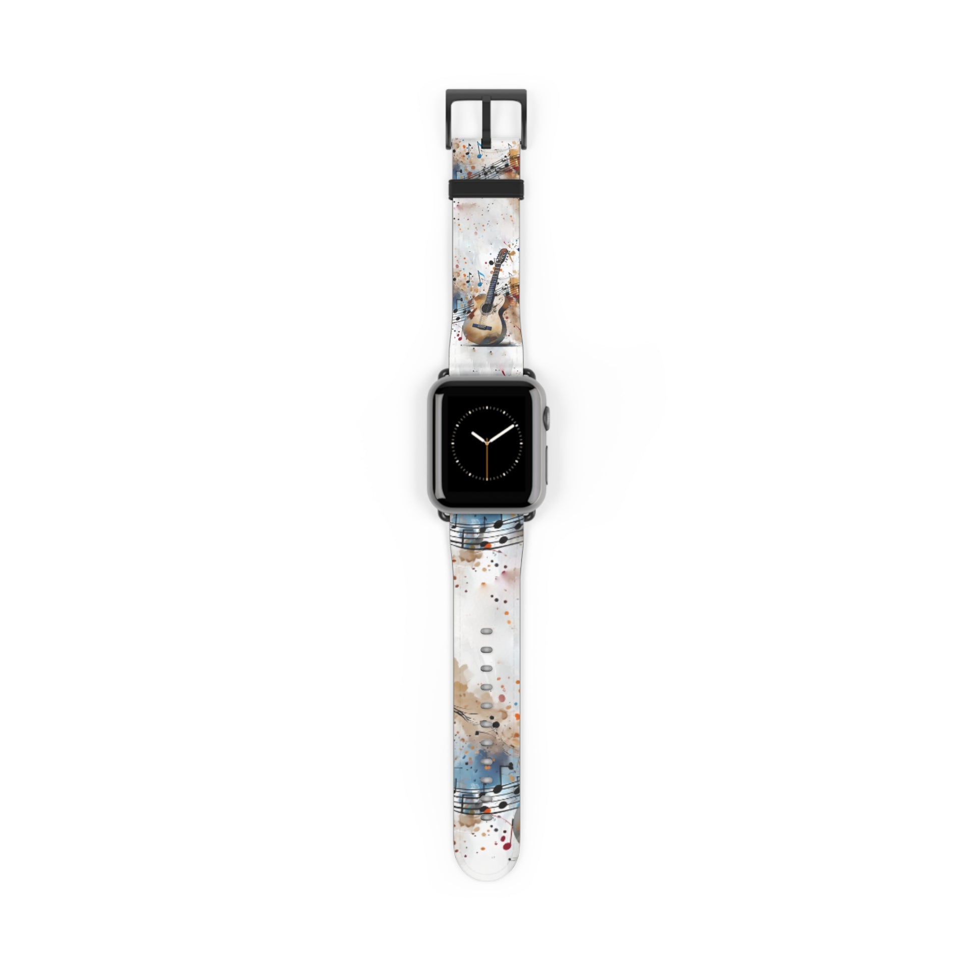 Strum and Flow Apple Watch band with watch face featuring acoustic guitar artwork with flowing musical notes