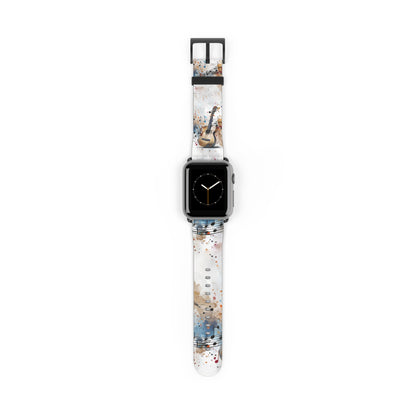Strum and Flow Apple Watch band with watch face featuring acoustic guitar artwork with flowing musical notes