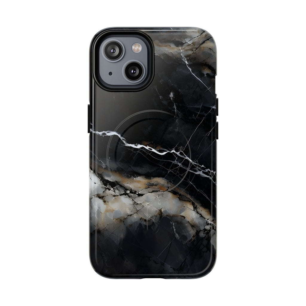 Obsidian Vein iPhone 14 MagSafe Phone Case -Black Neutral Marble Design