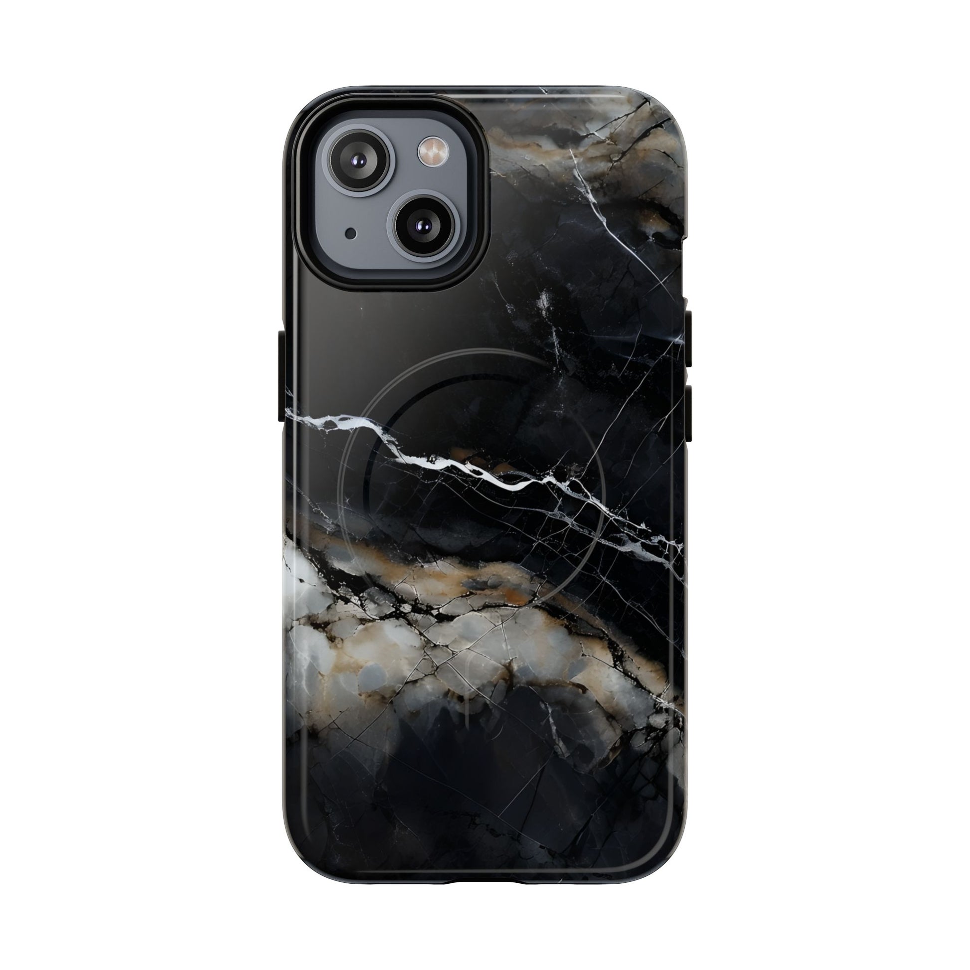 Obsidian Vein iPhone 14 MagSafe Phone Case -Black Neutral Marble Design