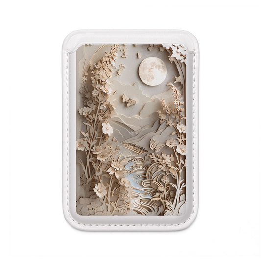 Moonlit Garden MagSafe card holder with moon above flowers and landscape on white magnetic wallet.