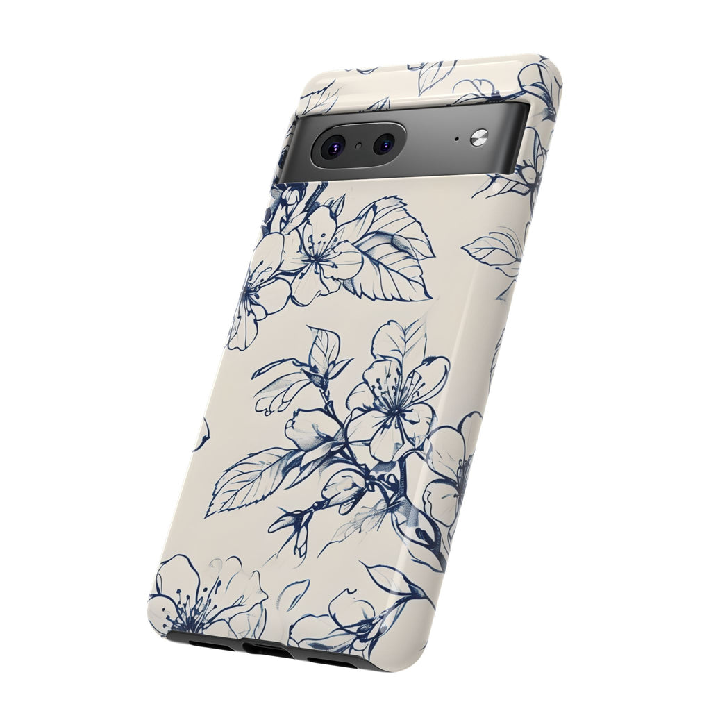 Blossom Sketch - Artistic Blue Floral Google Pixel 7 - Tough Phone Case - Hand-Drawn Botanical Design