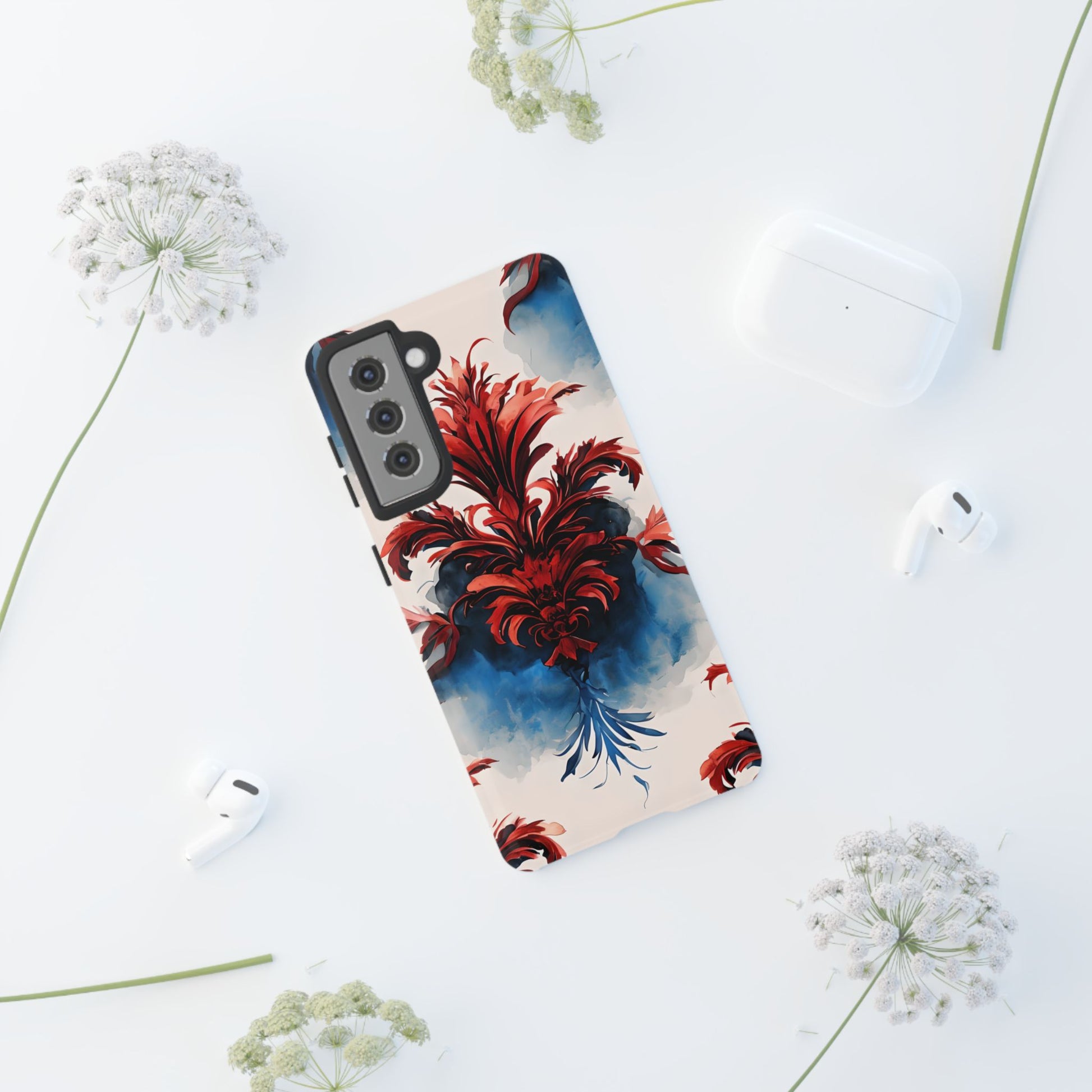 Crimson Plume - Bold Artistic Feather Samsung Galaxy S21 Tough Phone Case - Dramatic Red & Blue Design