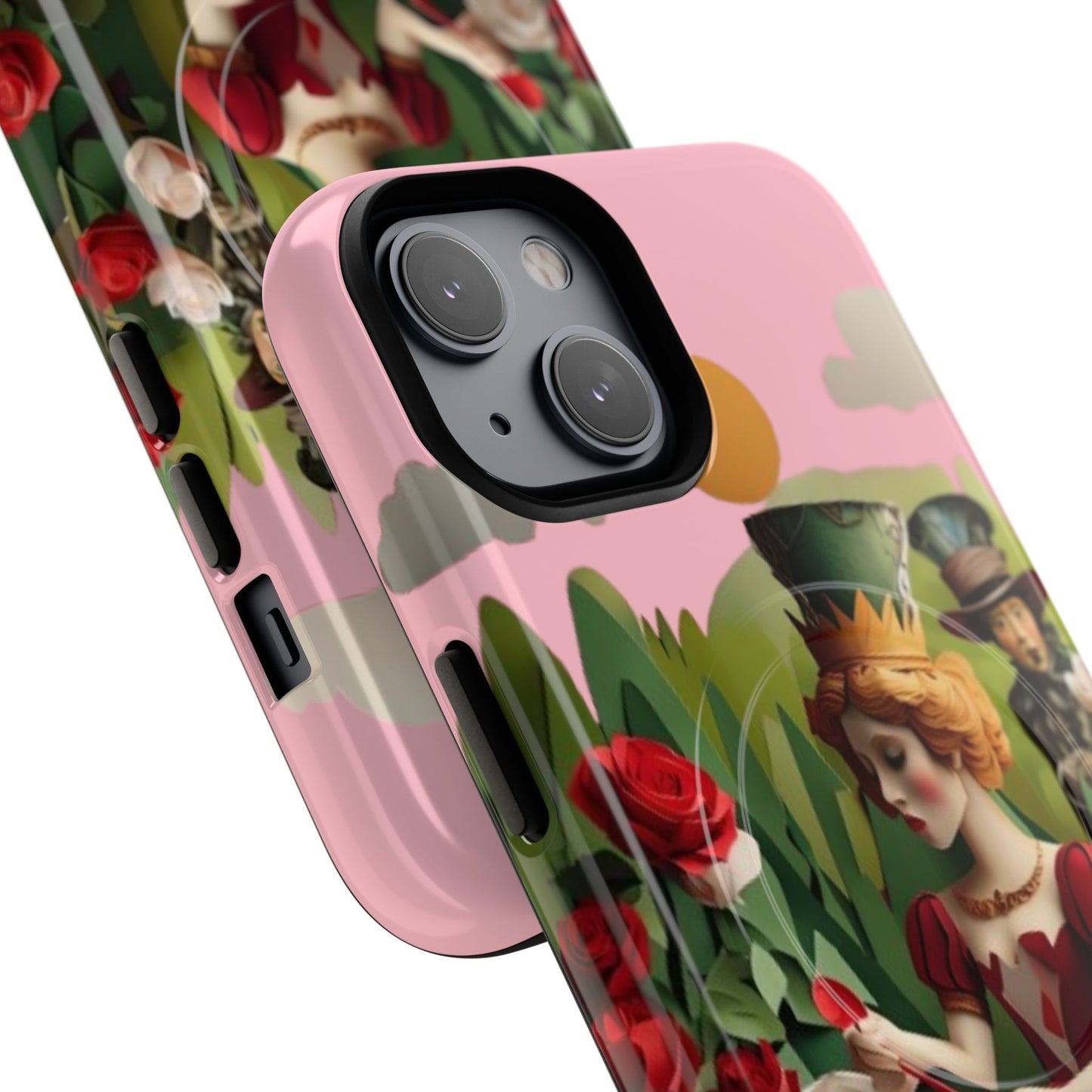 Angled view of Regal Rose Court iPhone MagSafe protective phone case