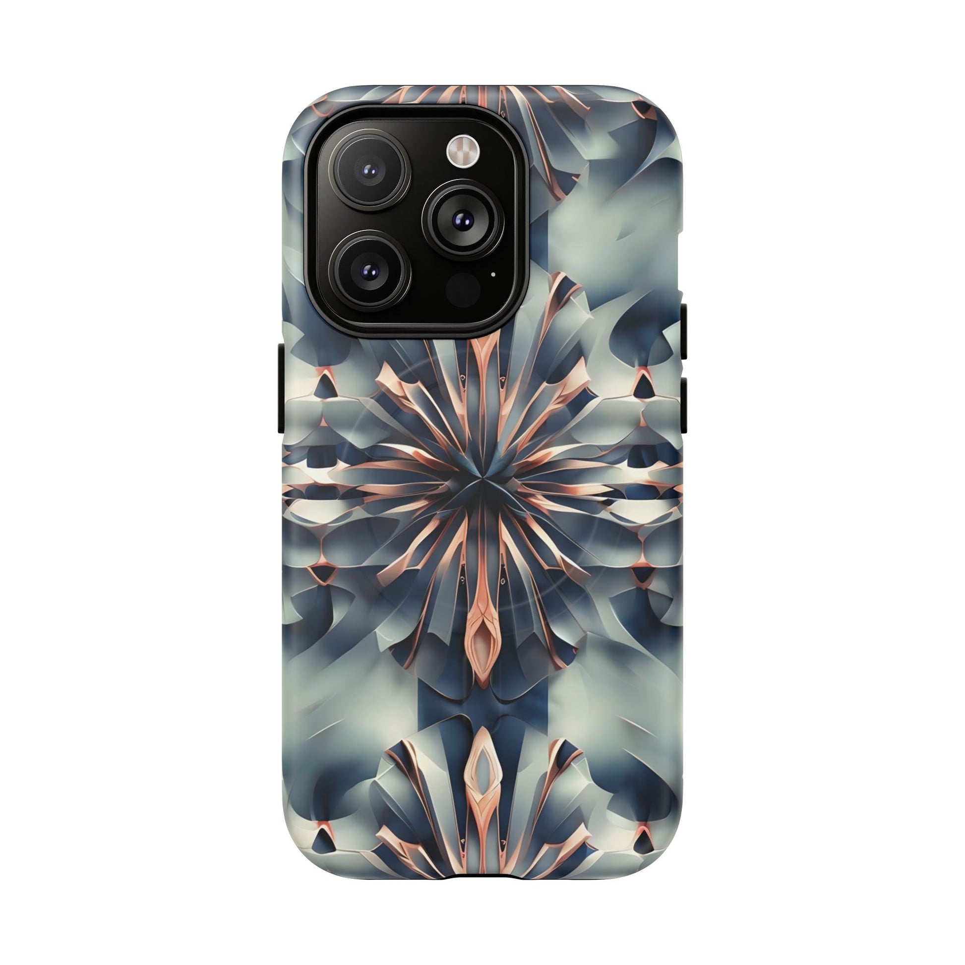 Obsidian Kaleidoscope Artistic Floral Burst - iPhone 14 Pro MagSafe Phone Case -Blue, Peach and Silver Symmetrical Design