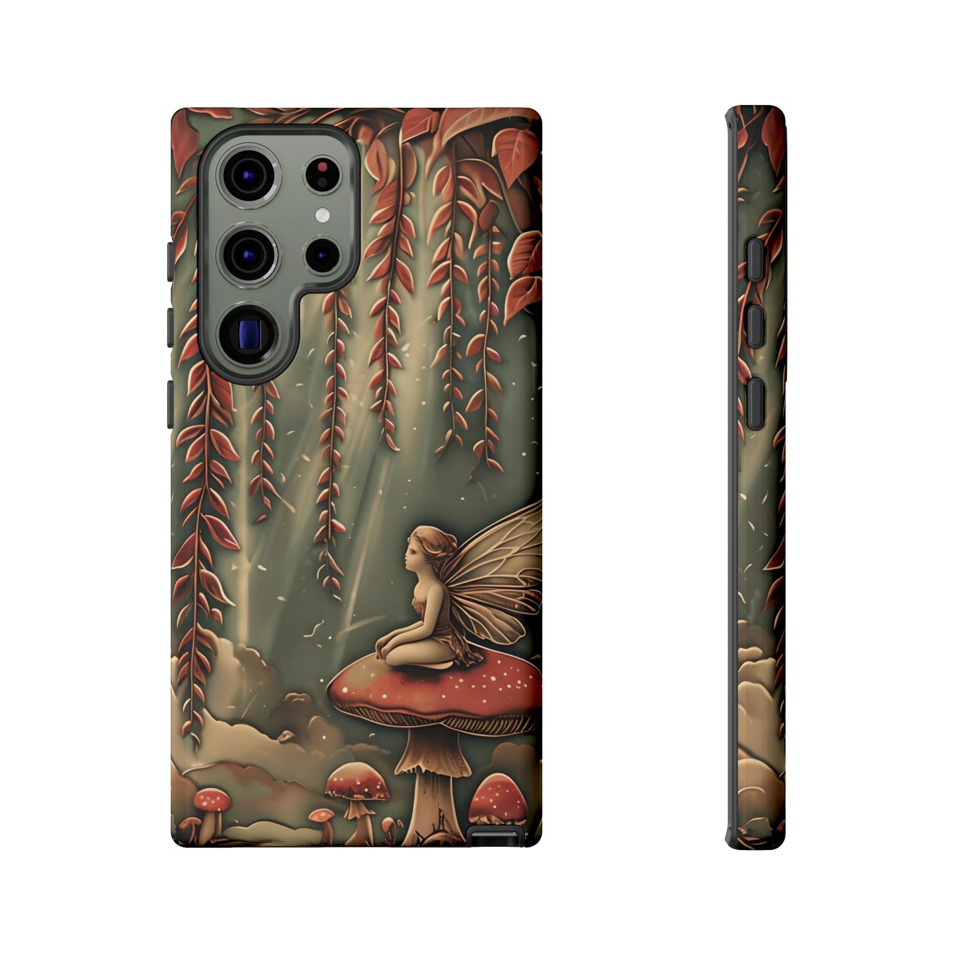 Willow Whisper fairy and mushrooms wraparound Samsung Galaxy phone case front and side view