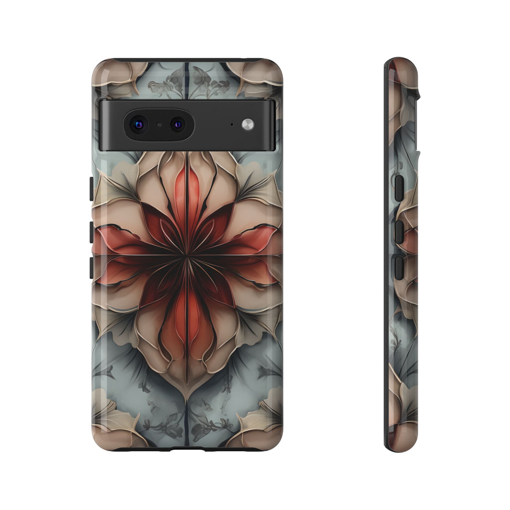 Ember Bloom - Kaleidoscope Collection Artistic Floral - Google Pixel 7 Tough Phone Case - Fiery Symmetrical Design