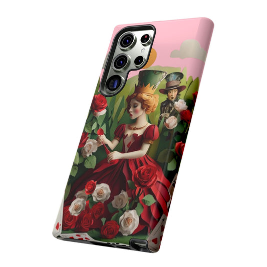 Regal Rose Court Samsung Galaxy phone case angled view featuring royal woman, playing card details, and lush rose garden artwork