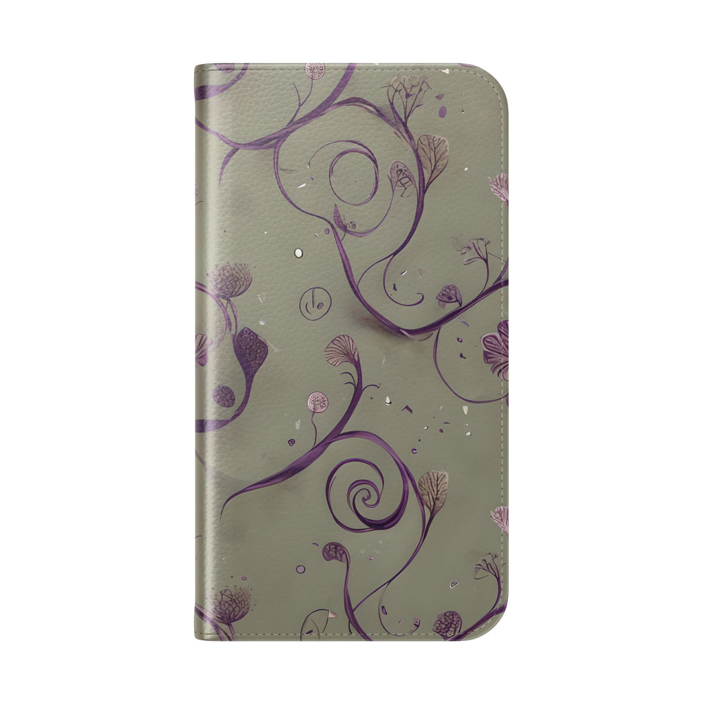 Twilight Thistle Bloom Wallet Phone Case - Elegant Purple Floral Vine Flip Cover for iPhone 15