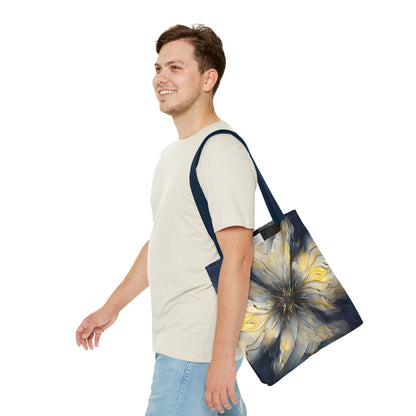 Luminous Petal Tote Bag (16x16 & 18x18)- Radiant Bloom in Gold and Indigo on Deep Navy Canvas, Reusable & Eco-Friendly