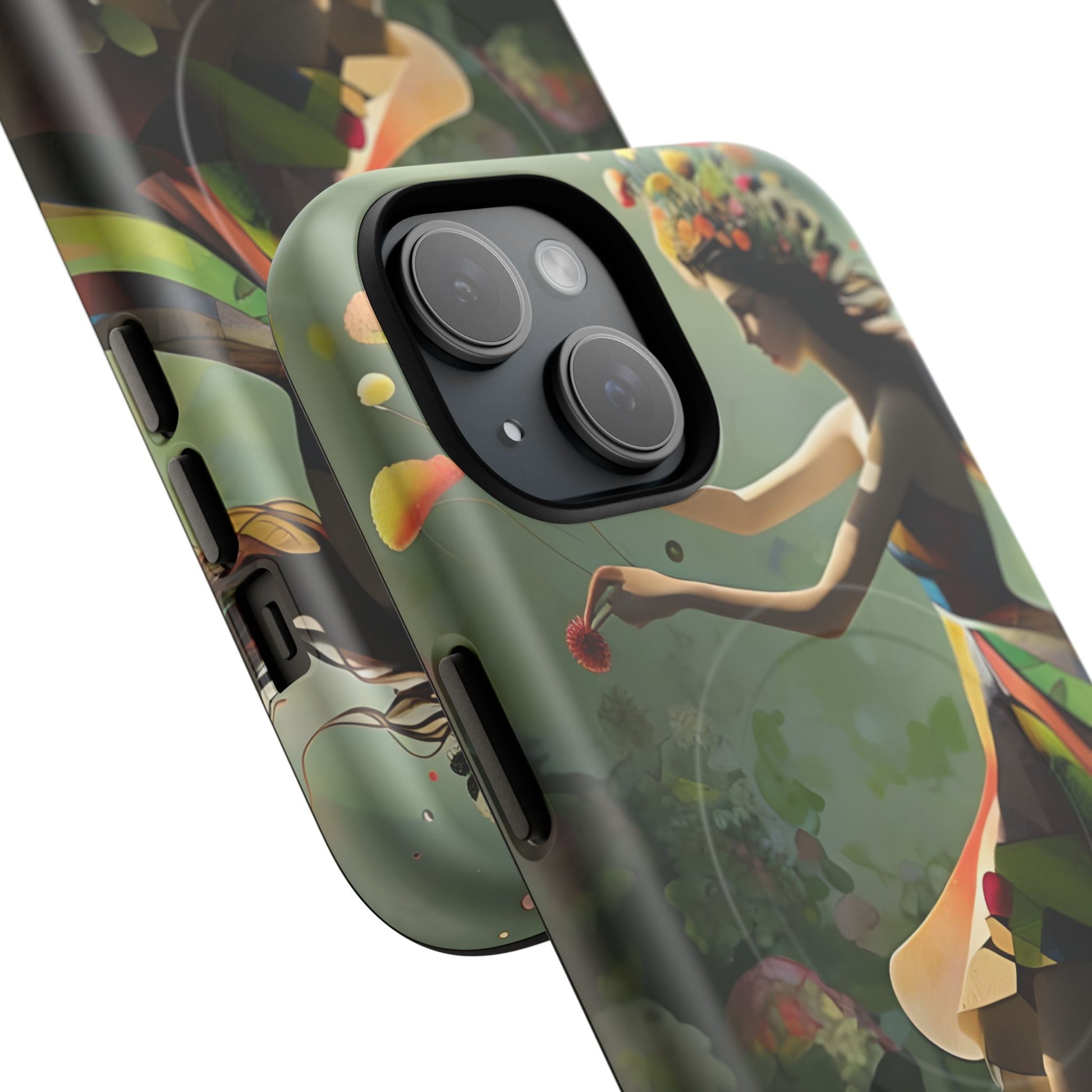 Dancing Wildflower Muse iPhone 15 - Artistic Floral Fantasy Cover - MagSafe Compatible - Whimsical Nature-Inspired Protective Accessory