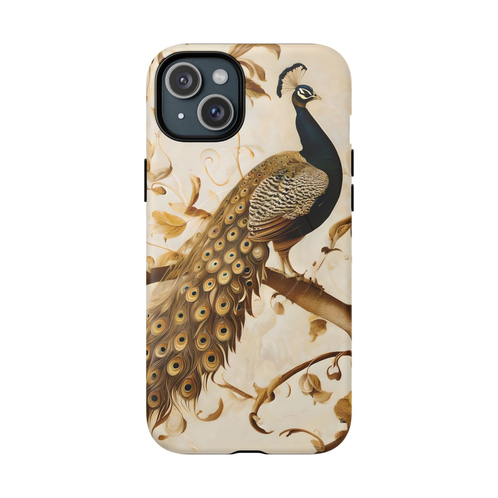 Golden Plumage - Luxe Peacock Art iPhone 15 Plus Phone Case - MagSafe Compatible - Elegant Gold & Cream Design