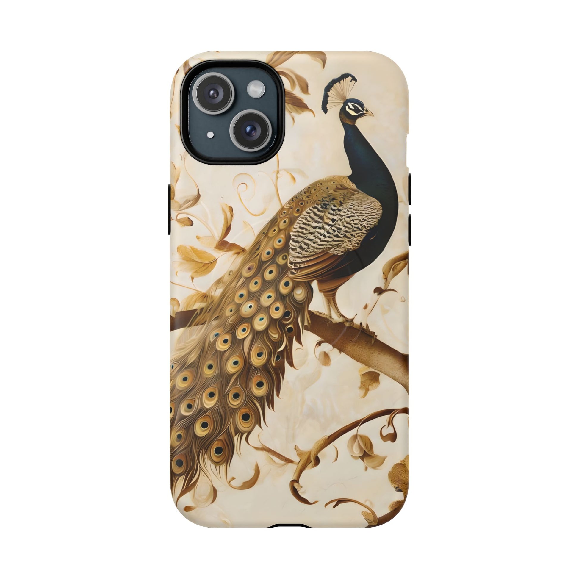 Golden Plumage - Luxe Peacock Art iPhone 15 Plus Phone Case - MagSafe Compatible - Elegant Gold & Cream Design
