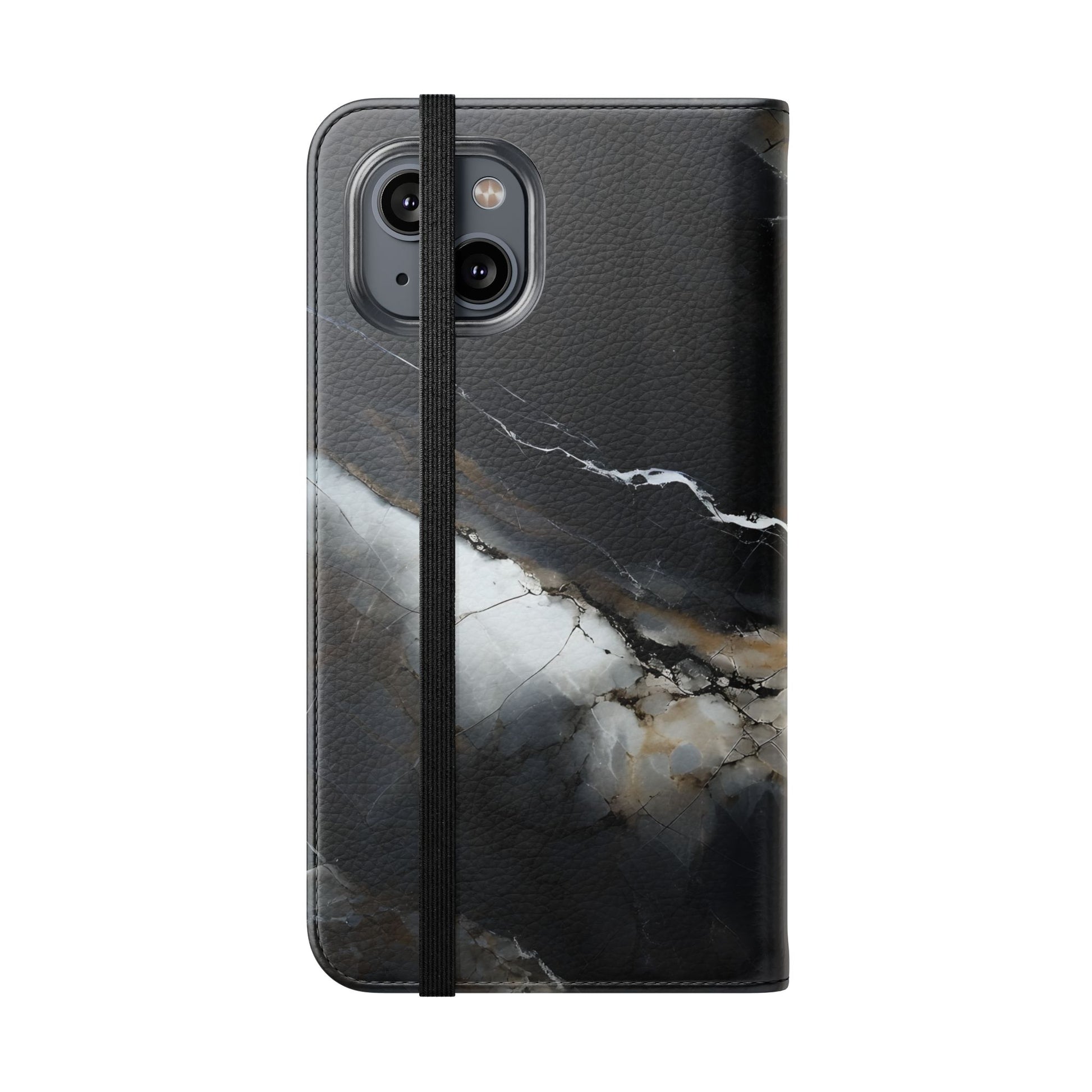Obsidian Vein Wallet Phone Case - Black & White Marble - Flip Cover for iPhone 14