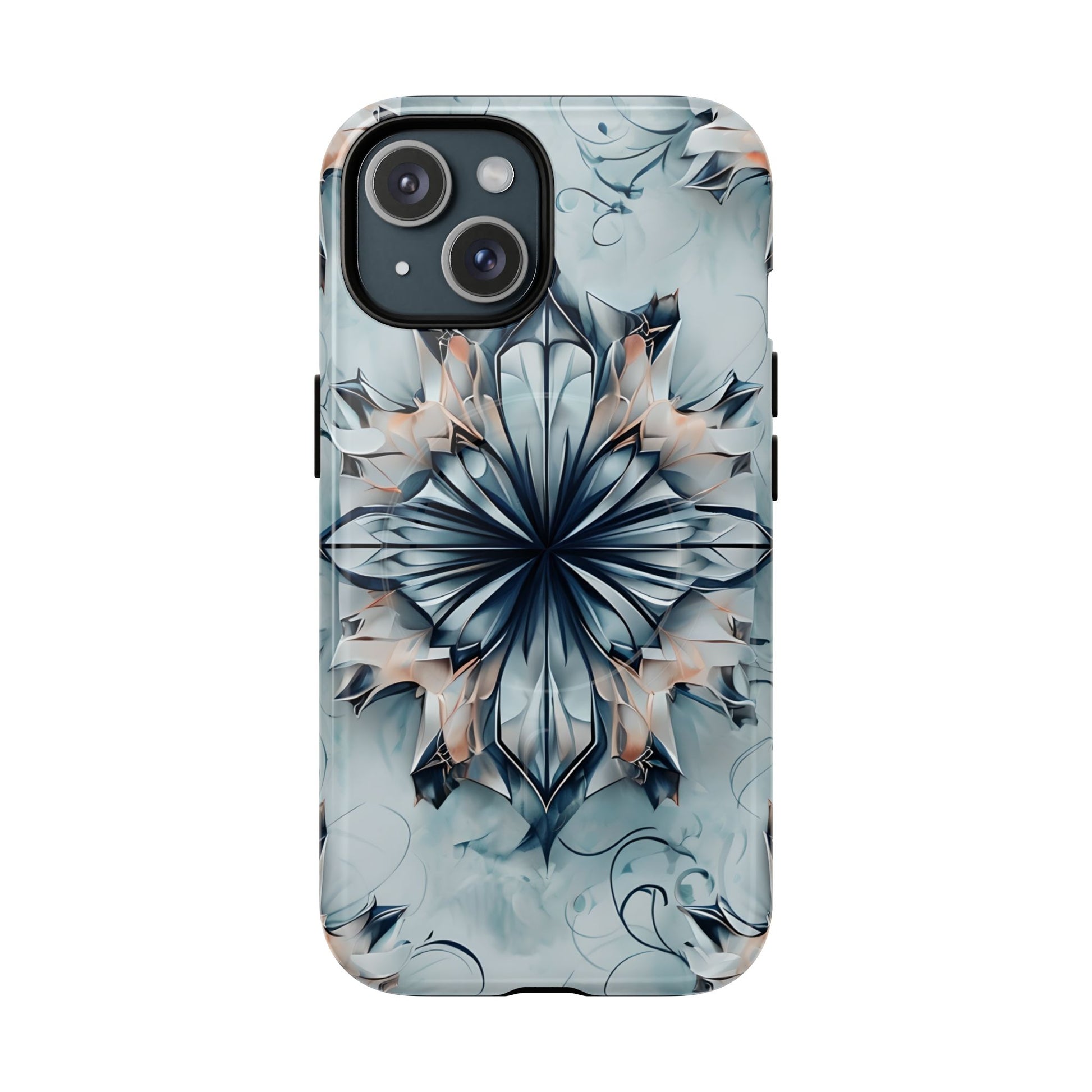 Indigo Mirage - Artistic Kaleidoscope Collection Artistic Floral - iPhone 15 MagSafe Phone Case -Bold Indigo Symmetrical Design