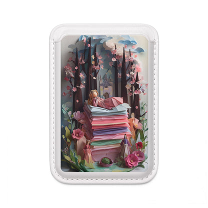 A Good Night’s Sleep MagSafe card holder with stack of papers and sleeping figure in whimsical scene on white magnetic wallet.