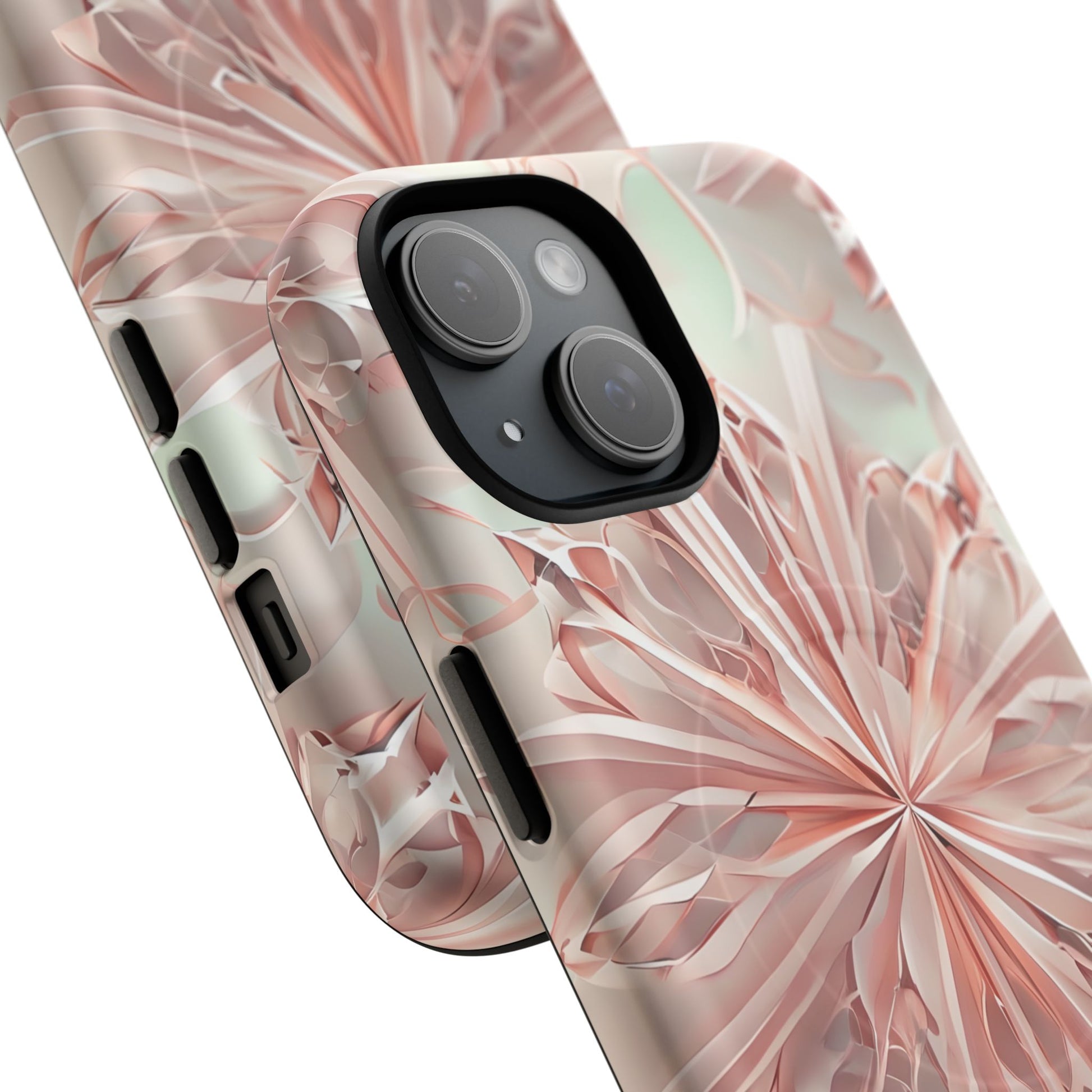 Blush Frost iPhone 15 - Kaleidoscope Collection of MagSafe Compatible - Soft Pink Geometric Floral Design