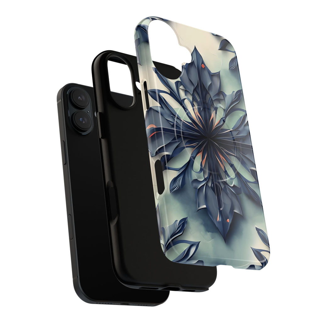 Frosted Indigo Bloom - Artistic Kaleidoscope Collection Artistic Floral - iPhone 16 Plus MagSafe Phone Case -Blue Symmetrical Design