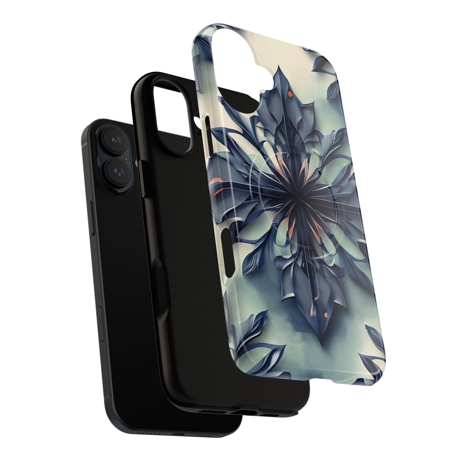 Frosted Indigo Bloom - Artistic Kaleidoscope Collection Artistic Floral - iPhone 16 Plus MagSafe Phone Case -Blue Symmetrical Design