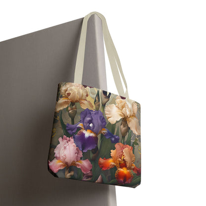 Iris Reverie canvas tote bag hanging with detailed iris floral artwork