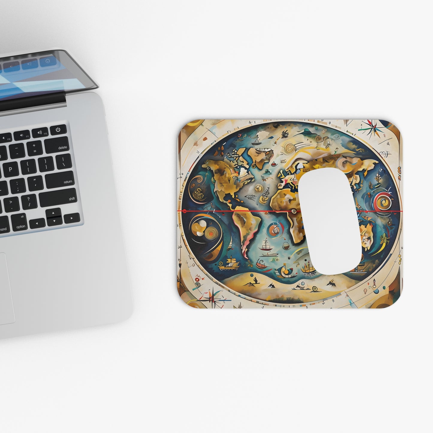 Celestial Map mouse pad beside laptop displaying celestial chart artwork