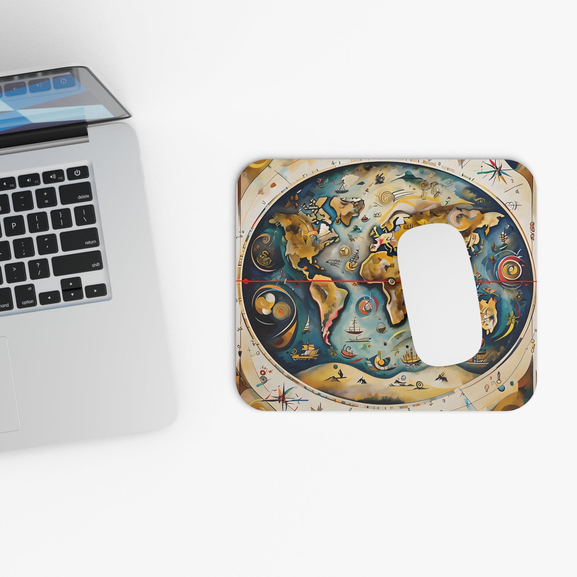 Celestial Map mouse pad beside laptop displaying celestial chart artwork