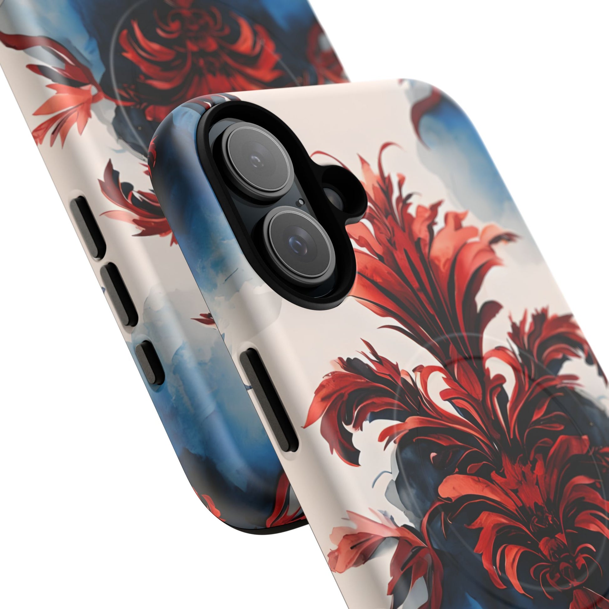 Crimson Plume - Bold Artistic Feather iPhone 16 Plus MagSafe Phone Case - Dramatic Red & Blue Design