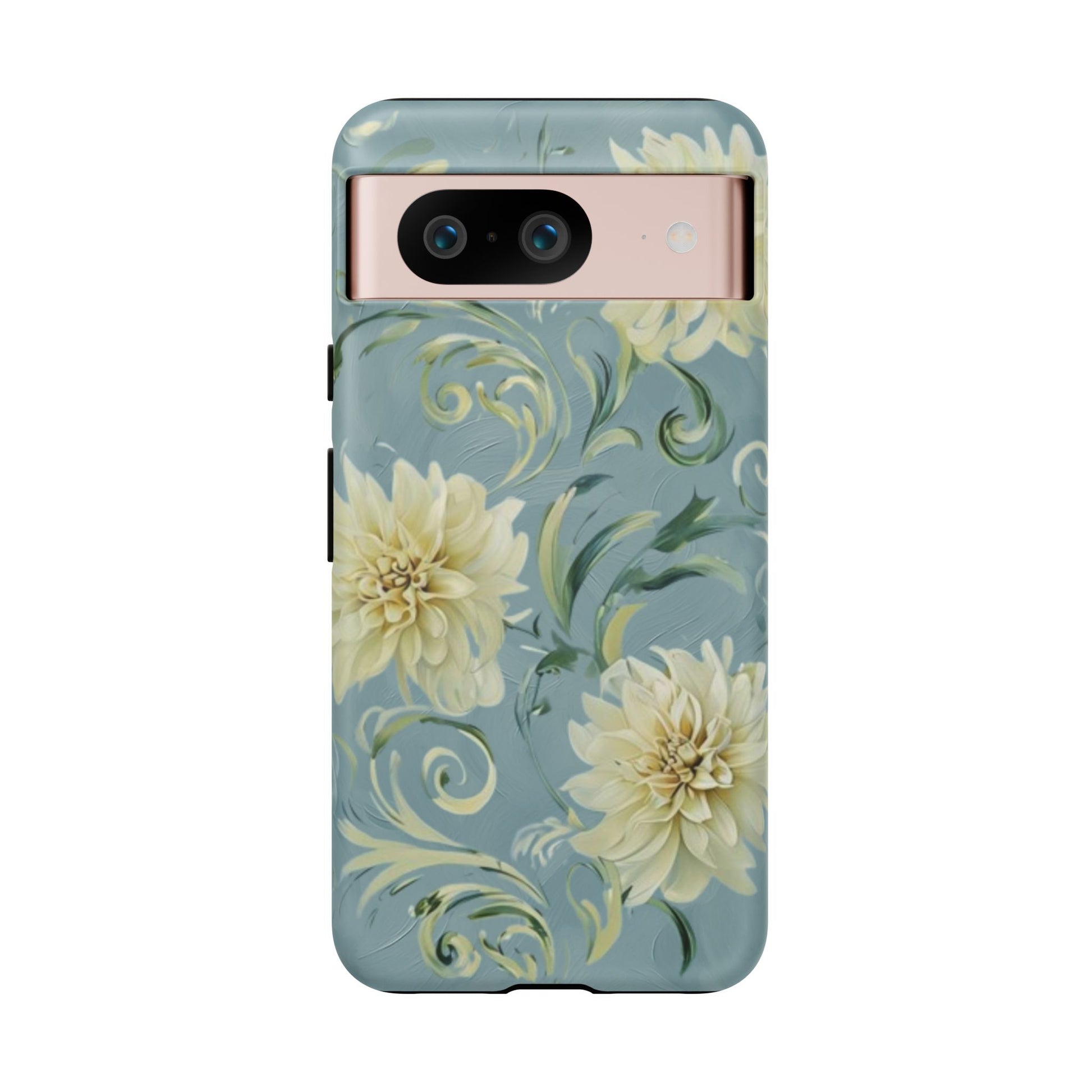 Golden Dahlia Trio - Elegant Floral Google Pixel 8 Tough Phone Case - Artistic White & Blue Dahlia Design