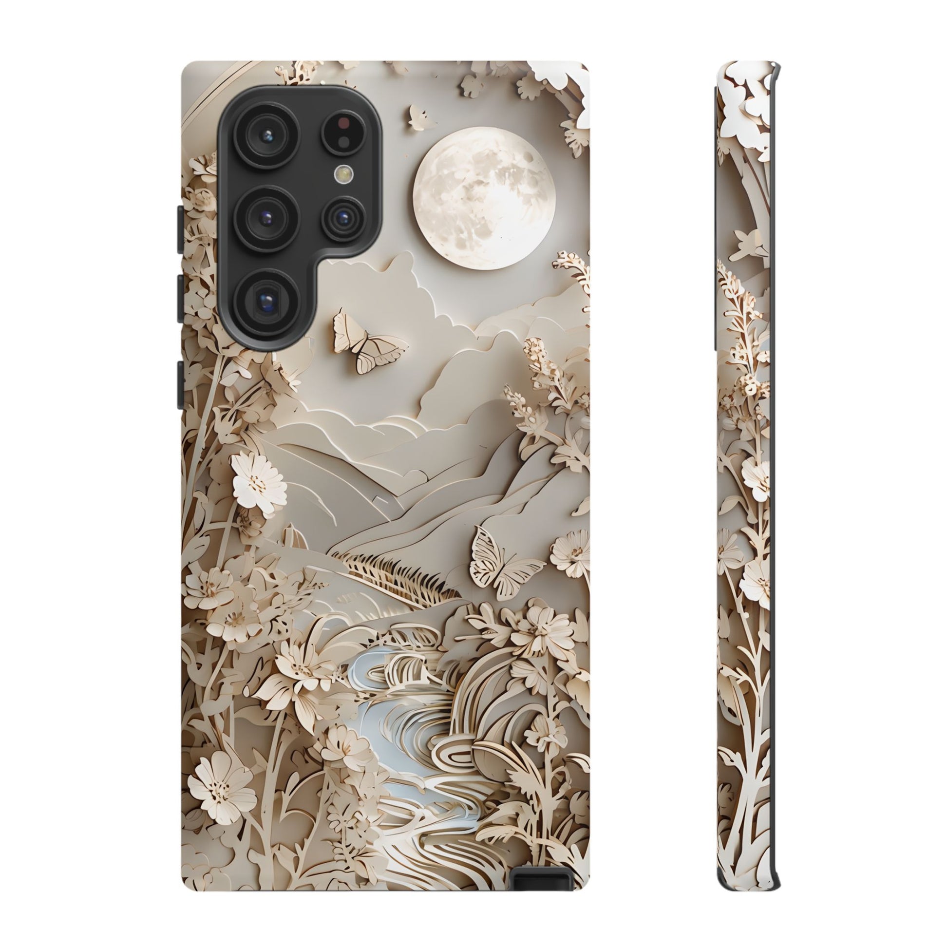 Moonlit Garden - Elegant Neutral Floral Samsung Galaxy S22 Ultra Tough Phone Case - Painterly Botanical & Moon Design