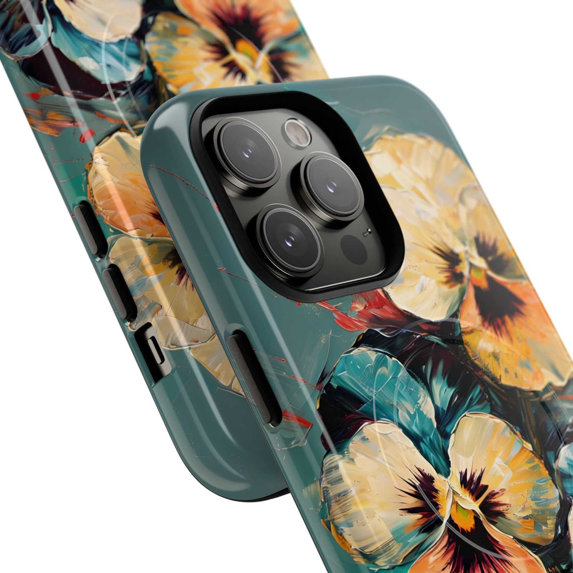 Golden Pansy Cascade - Elegant Floral iPhone 14 Pro Max MagSafe Case with Deep Teal Background