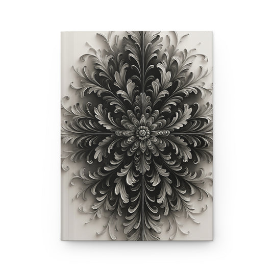 Obsidian Bloom hardcover journal with dramatic black and ivory floral design