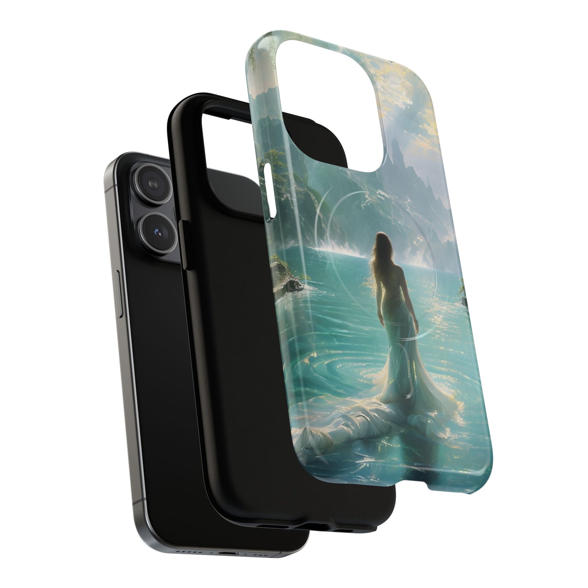 Celestial Tides - Dreamscape Art iPhone 15 Pro MagSafe Phone Case -Ethereal Woman & Fantasy Landscape Design