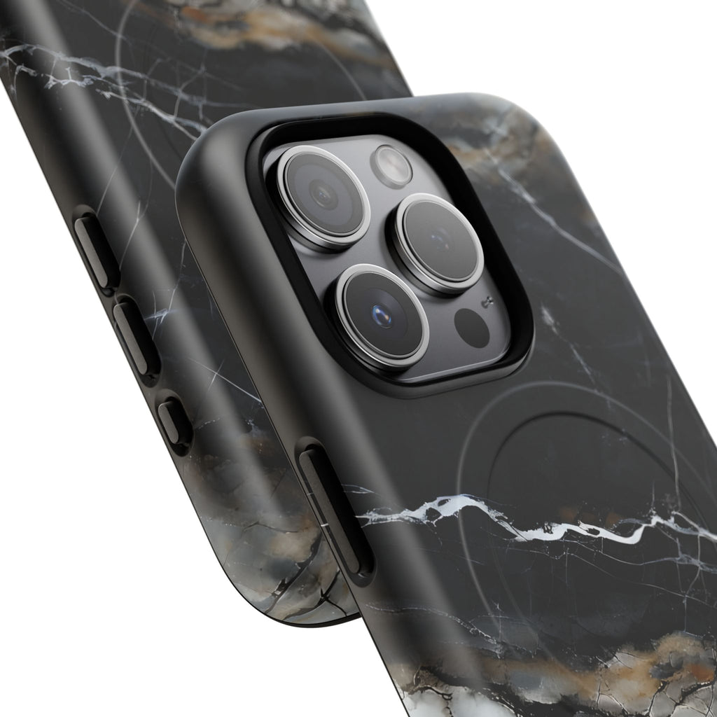 Obsidian Vein iPhone 15 Pro MagSafe Phone Case -Black Neutral Marble Design