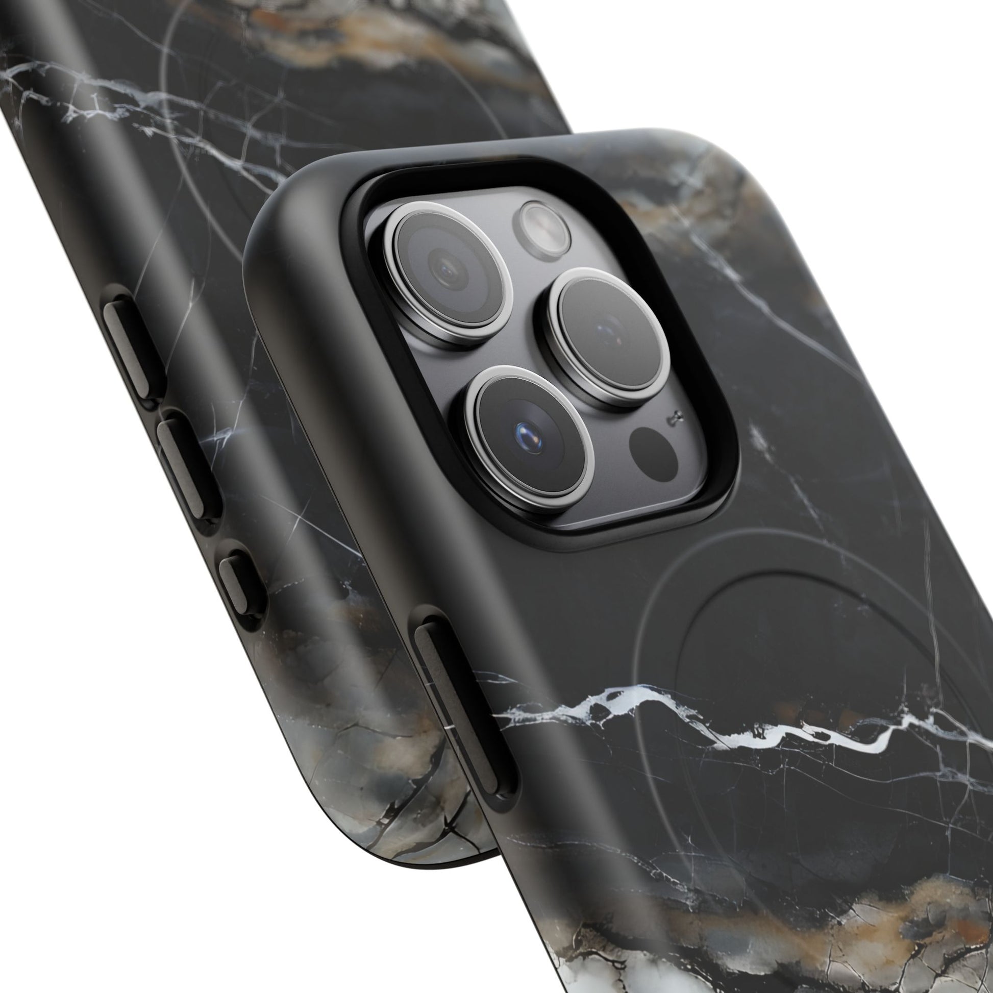 Obsidian Vein iPhone 15 Pro MagSafe Phone Case -Black Neutral Marble Design